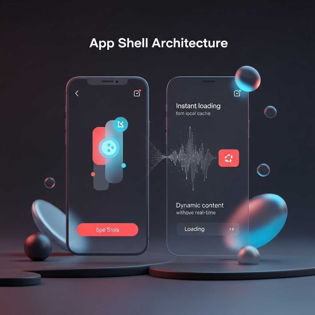 App Shell Architecture: a stylized mobile app interface split into a persistent shell (header, footer, navigation) loaded instantly from local cache, with a separate dynamic content area fetching data in real time—emphasize the instant loading and smooth transition between cached shell and fresh content.