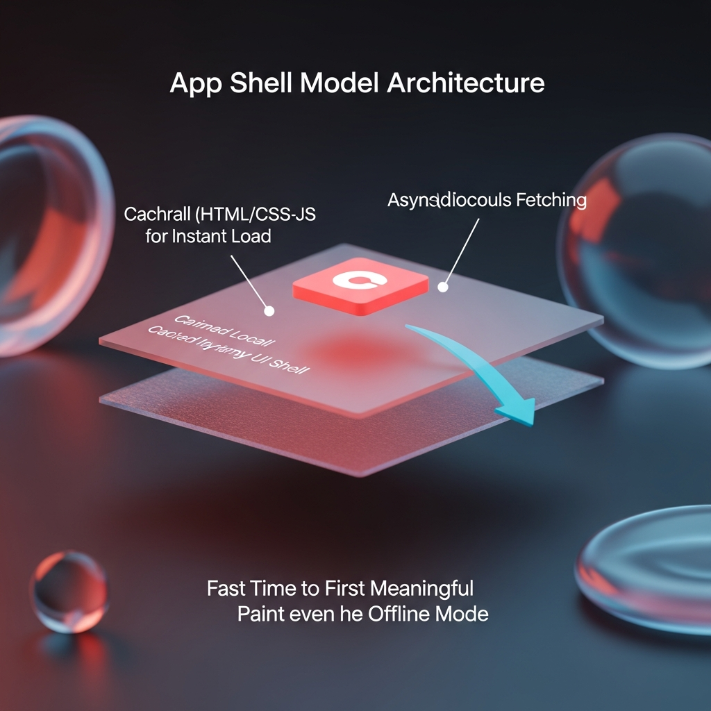 App Shell Model Architecture: a layered illustration depicting a minimal UI shell (HTML/CSS/JS) cached locally for instant load, with a separate layer fetching dynamic content asynchronously, highlighting fast Time to First Meaningful Paint even in offline mode