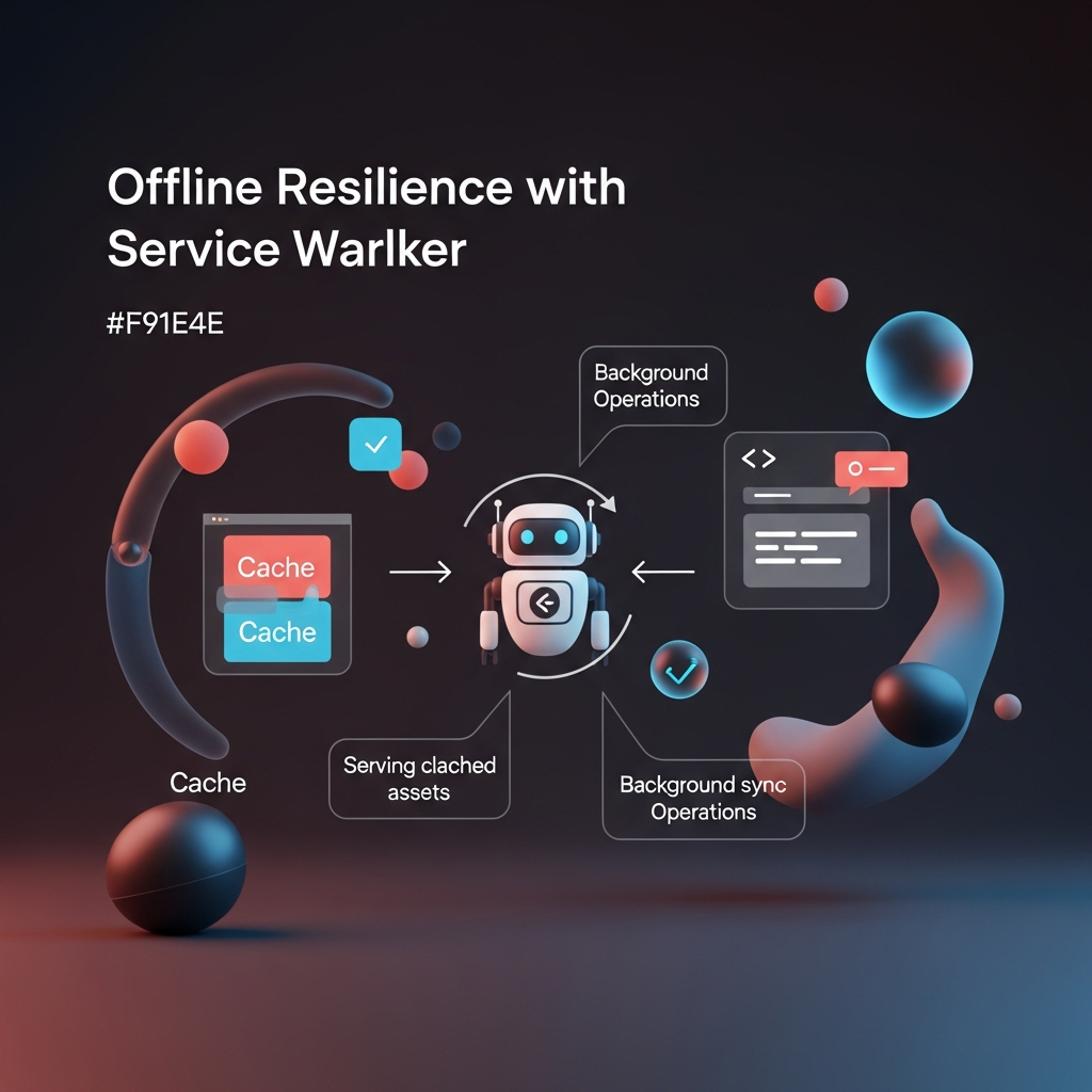 Offline Resilience with Service Workers: a stylized diagram showing a service worker (robot icon) sitting between the browser and network, intercepting fetch requests, serving cached assets when offline, with visual cues for cache storage and background sync operations