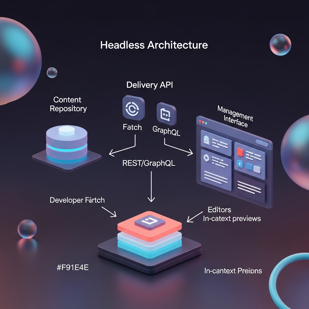 A layered diagram of a headless CMS core architecture: show three distinct tiers—Content Repository (database or object store), Delivery API layer (REST/GraphQL endpoints), and Management Interface (browser-based UI)—with arrows illustrating how developers fetch content via API calls and editors interact through in-context previews.