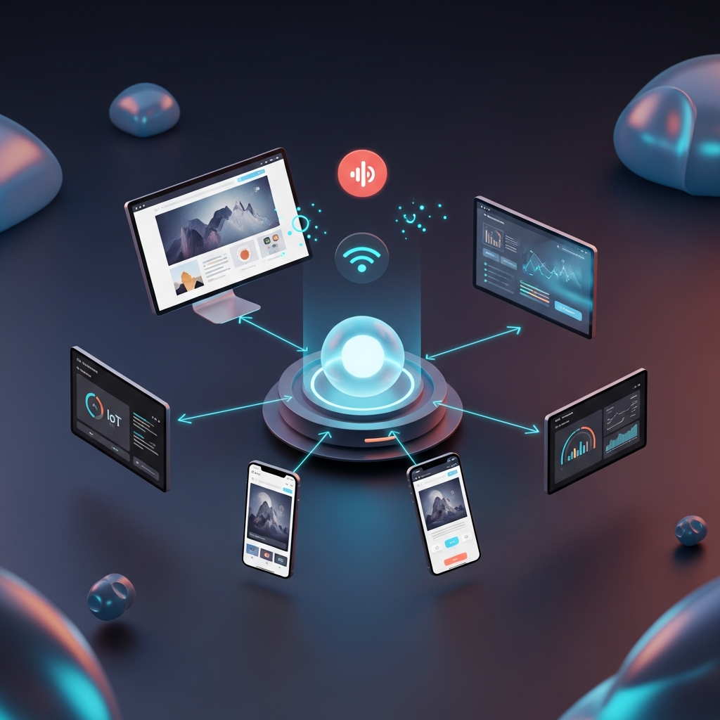 An omnichannel delivery visualization: depict a single central content source pushing updates simultaneously to multiple endpoints—websites on desktop and mobile, native mobile apps, digital signage screens, IoT dashboards, and voice assistants—with connecting lines or arrows to emphasize unified content distribution.