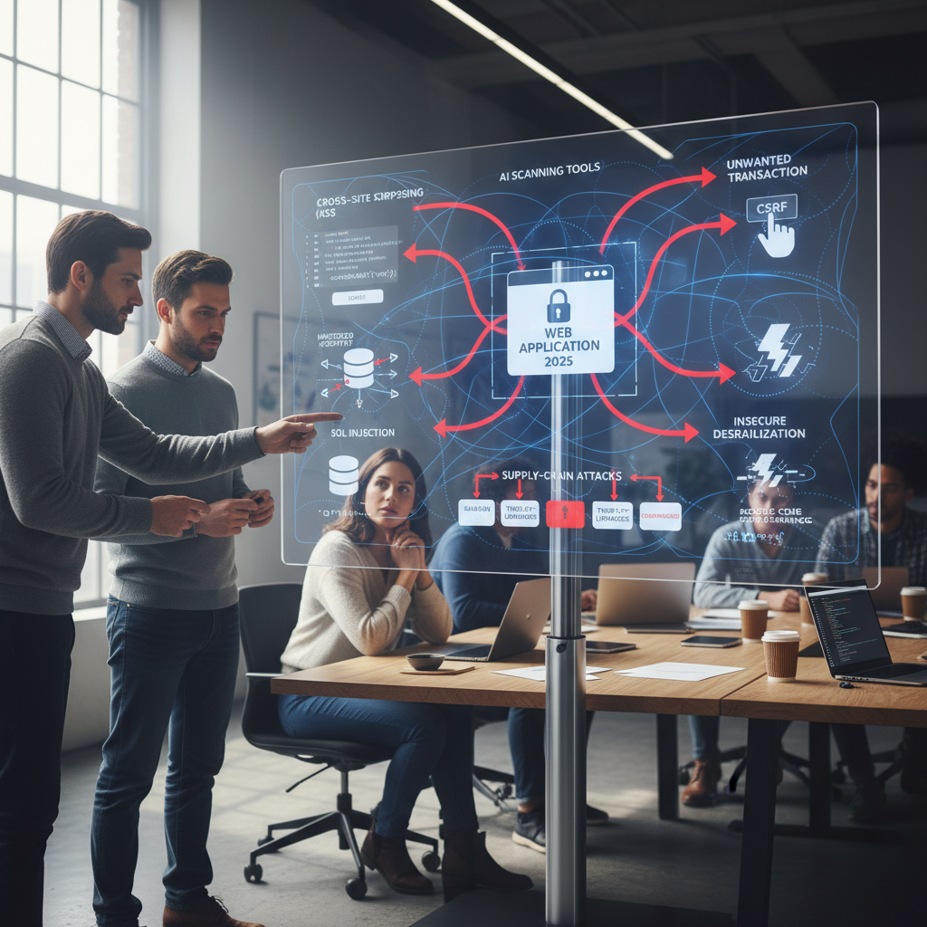 A dynamic infographic of the 2025 web application threat landscape: a central web app icon surrounded by labeled attack vectors—Cross-Site Scripting (XSS) with injected scripts, SQL Injection with database exfiltration, CSRF forcing unwanted transactions, insecure deserialization spawning rogue code, and supply-chain attacks compromising third-party libraries—interconnected by red arrows and automated AI scanning tools.