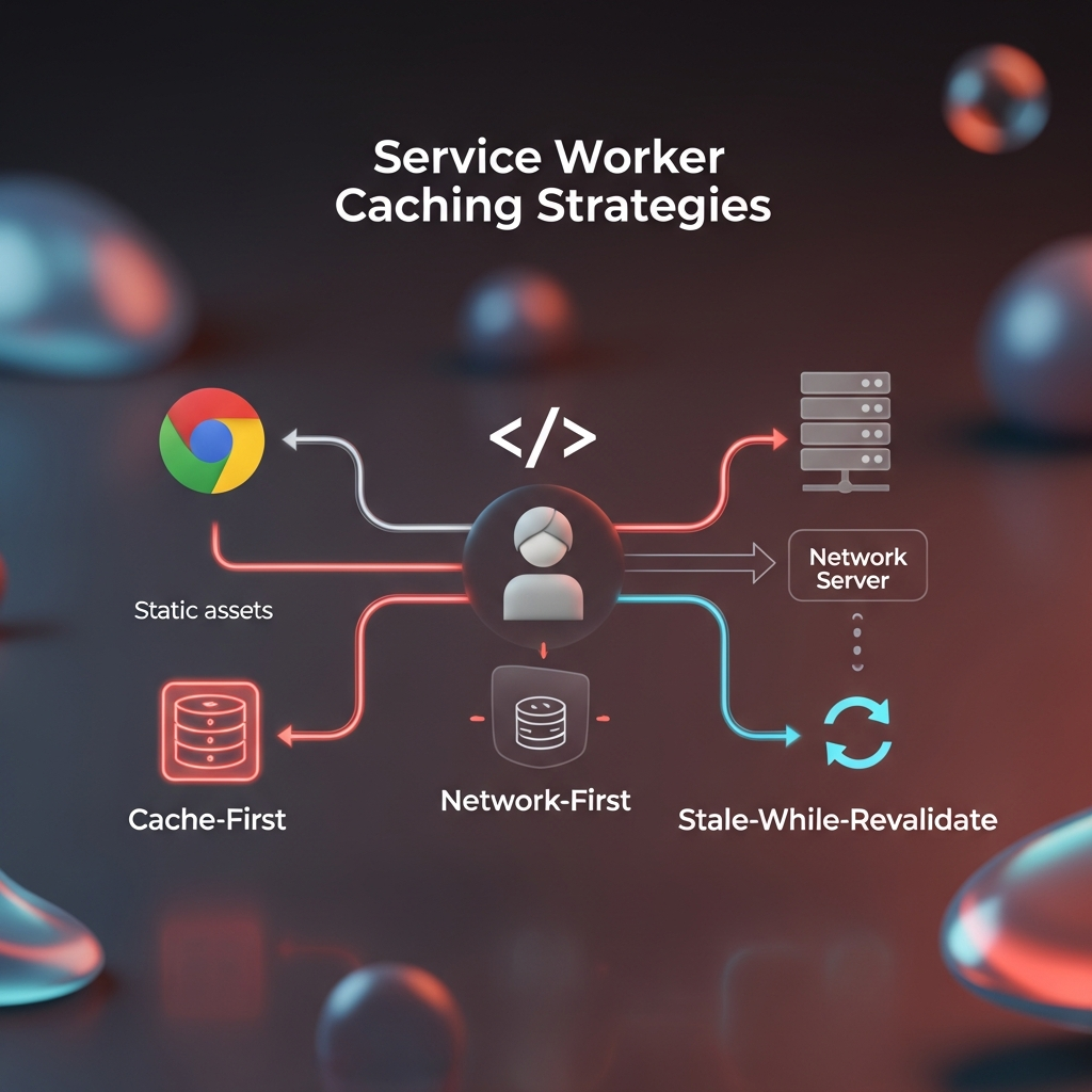 Service Worker Caching Strategies: a flowchart-style diagram showing a service worker sitting between the browser and the network, illustrating three parallel paths—Cache-First for static assets, Network-First for user-generated content, and Stale-While-Revalidate for hybrid updates—complete with icons for cache storage, network server, and background refresh.