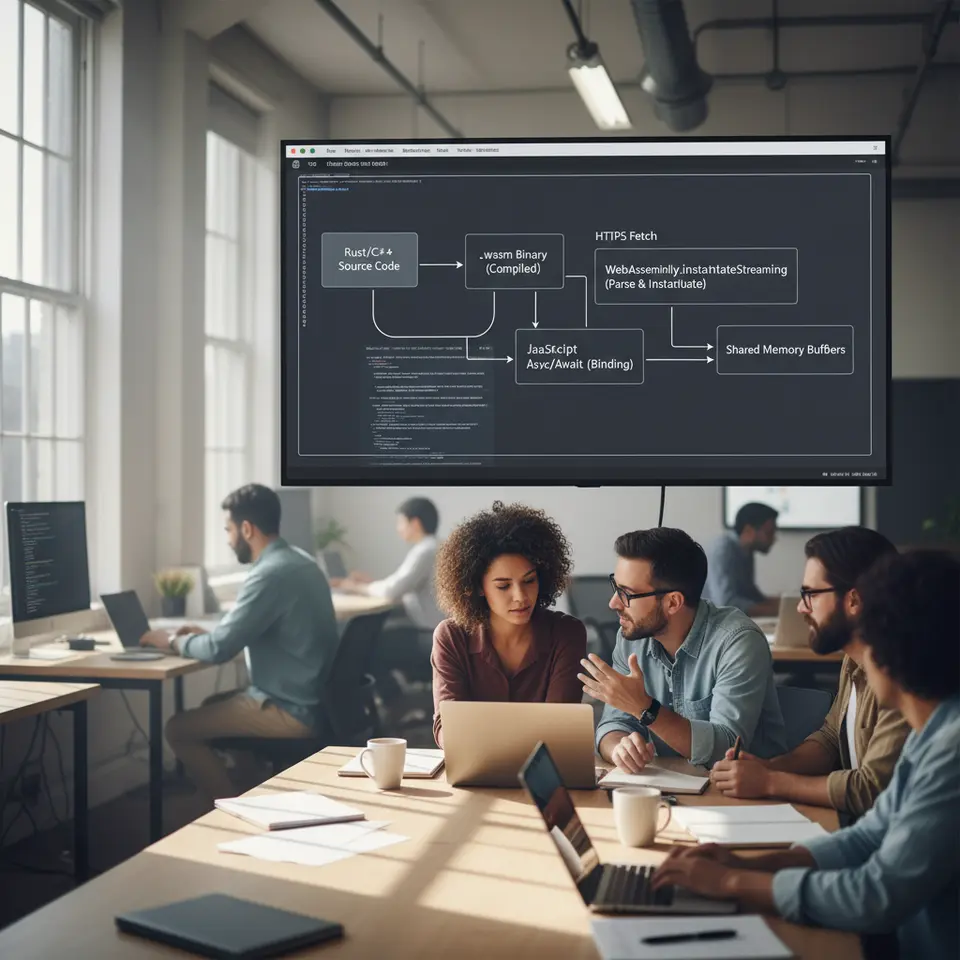 A detailed workflow diagram illustrating the compilation and runtime integration of WebAssembly: show source code in Rust/C++ being compiled to a .wasm binary, fetched over HTTPS, parsed and instantiated via WebAssembly.instantiateStreaming, and bound to JavaScript with async/await patterns, including shared memory buffers.