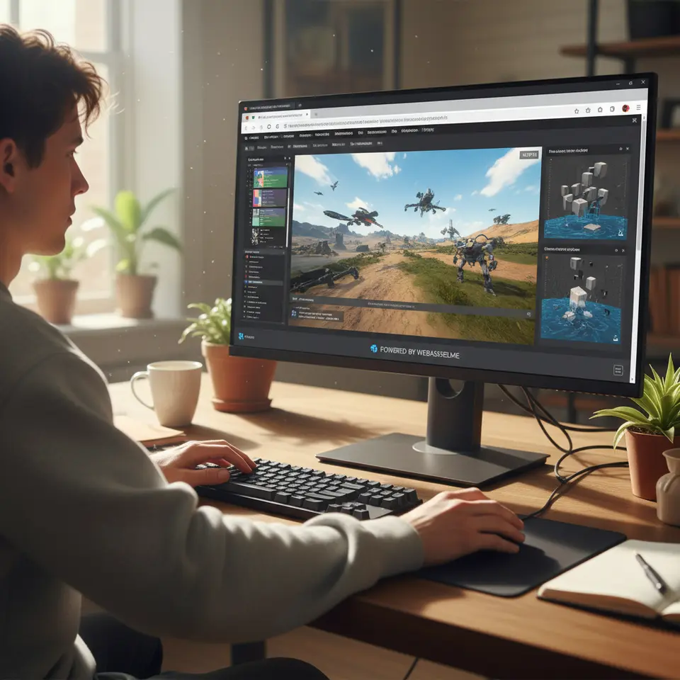 A dynamic browser-based gaming and multimedia scene powered by WebAssembly: depict a WebGL 3D environment rendering at 60 FPS, physics simulations running in real time, and vector graphics panels like Figma, highlighting near-native performance within a standard web browser window.