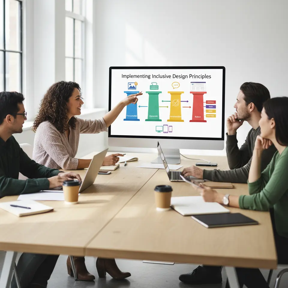 Implementing Inclusive Design Principles: A colorful infographic showing the four WCAG pillars—Perceivable, Operable, Understandable, Robust—depicted as four pillars or columns supporting a stylized webpage. Include icons for text alternatives (an image with alt text tag), keyboard navigation (keyboard arrow icon), clear language (speech bubble with checkmark), semantic HTML landmarks (header, nav, main, footer blocks), and responsive design (device frames of desktop, tablet, mobile).