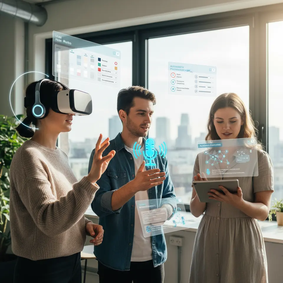 Emerging Trends and Future Directions in Web Accessibility: A futuristic scene combining voice user interfaces (microphone icon with soundwave), augmented/virtual reality headset with spatial audio rings, and AI-driven captioning (AI neural network icon overlaying an image). Show optional user profiles or settings panels illustrating personalized accessibility preferences (color schemes, font sizes) floating nearby.