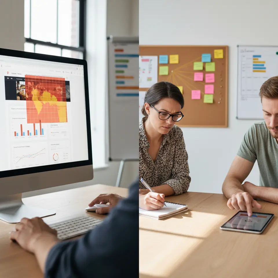 A detailed UX research scene: a split-screen layout with the left side showing a web analytics dashboard featuring charts, graphs, and a heatmap overlay on a webpage, and the right side depicting a moderated usability test—researcher taking notes, participant interacting with a prototype on a tablet, sticky notes and an affinity diagram pinned on a nearby board.