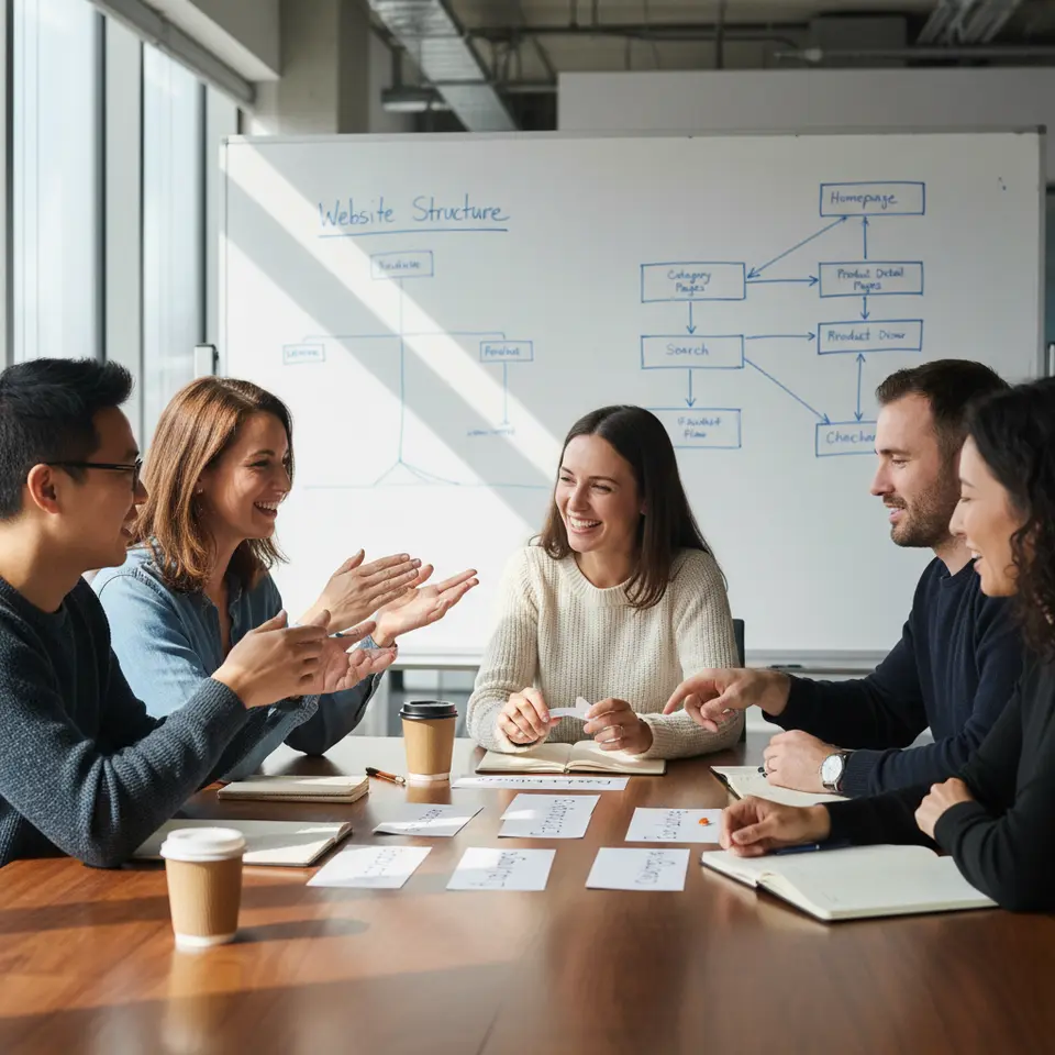 A collaborative card-sorting workshop scene: participants around a table grouping labeled cards into categories, with a large printed tree diagram and digital sitemap wireframe on a whiteboard in the background.