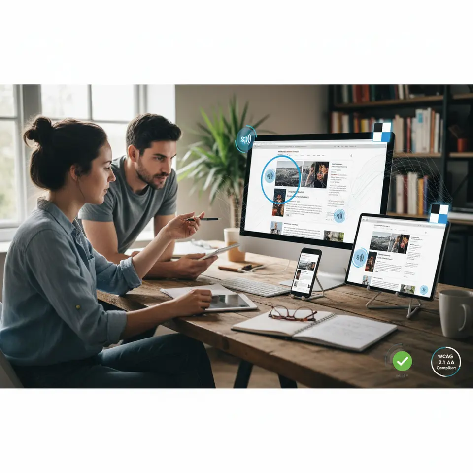 A multi-device responsive and accessible design concept: a smartphone, tablet, and desktop screen displaying the same web layout, overlaid with accessibility icons (keyboard focus ring, screen reader, high-contrast palette), fluid grid lines, and WCAG compliance badges.