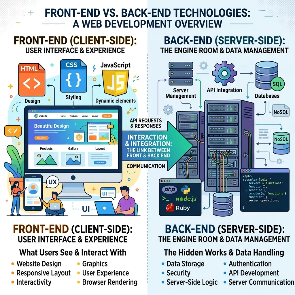 What is the difference between front-end and back-end web technologies